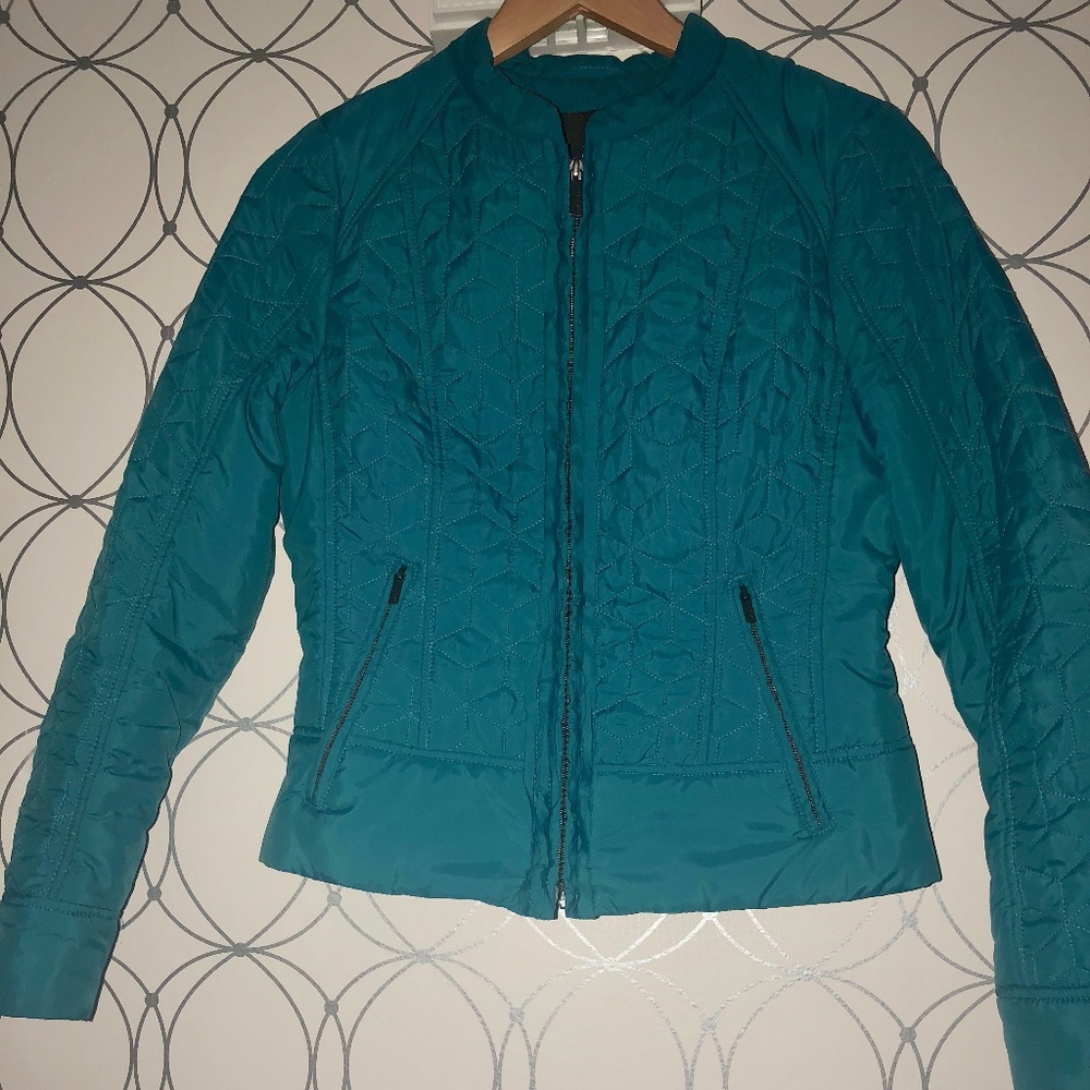 SOLD - Olsen Europe Light Teal Puffer Jacket w/ Front Ruffles